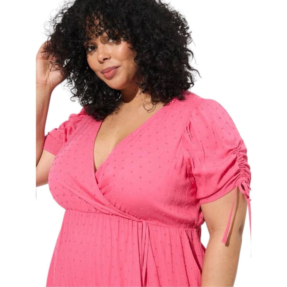 Torrid Pink Swiss Dot Midi Dress Plus Size Surplice Wrap Tie Sleeve Pockets NWT - Picture 4 of 13